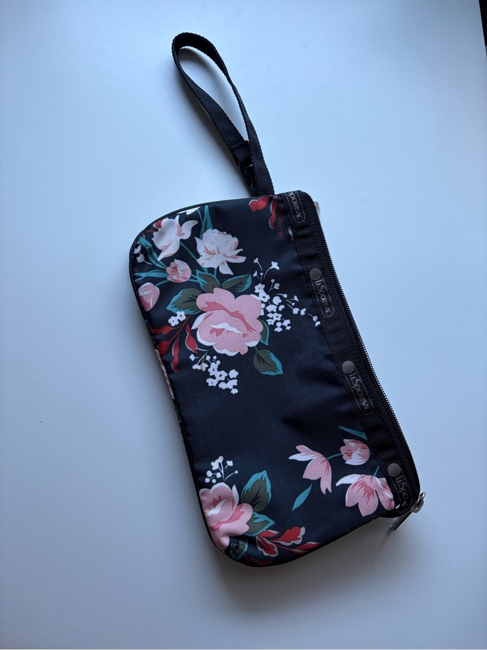 LeSportsac Black Floral Wristlet Pouch with Pink Flowers